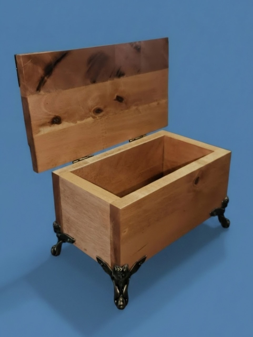 Handmade Wooden Trinket or Vanity Box with Decorative Metal Angel Feet - Brown